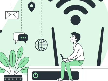 Female blogger with laptop recording video while sitting at offi